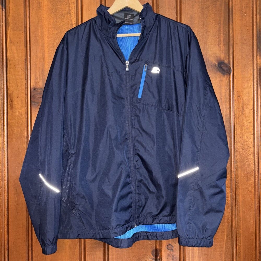 VTG Starter Track Jacket Mens‎ Large Navy Windbreaker Full Zip Reflective Vented